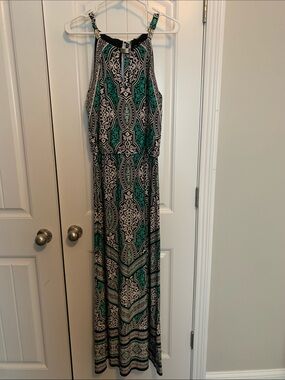 White House Black Market Black, Teal and White Patterned tie back Maxi Dress - S